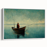 Framed canvas wall art showcasing a serene lake landscape design, featuring vibrant blues and greens, elegantly displayed from a side view against a white backdrop. Ideal for enhancing home decor with nature-inspired aesthetics.