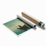Vibrant rolled print of serene lake landscape art showcasing lush greenery and a clear blue sky, ideal for home decor and art enthusiasts seeking tranquility.