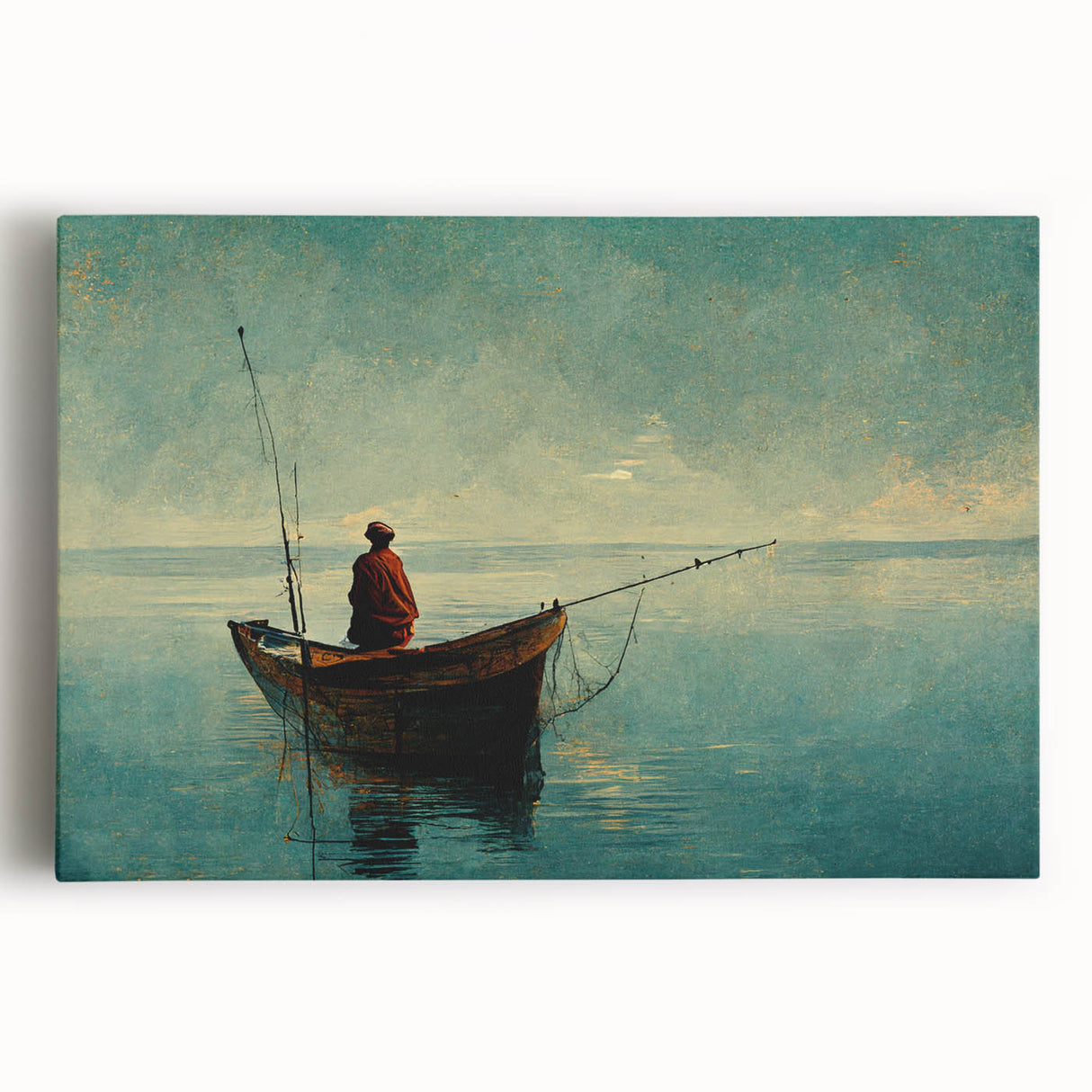 Stretched canvas wall art featuring a serene lake landscape design, showcasing vibrant colors and tranquil scenery, perfect for home decor enhancement.