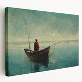 Stretched canvas wall art depicting a serene lakeside landscape, showcasing vibrant colors of blue water and lush green trees, perfect for home decor enhancement.