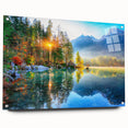 Acrylic glass wall art showcasing a serene landscape lake design, viewed from the side. The artwork is elegantly framed with pins, enhancing its modern aesthetic. Ideal for home decor, it brings tranquility and nature indoors.