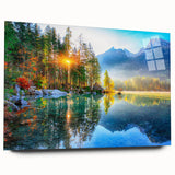 Elegant acrylic glass wall art showcasing a serene lake landscape, framed in a modern style, perfect for contemporary home decor. The vibrant colors and intricate details create a tranquil atmosphere, ideal for enhancing living spaces.