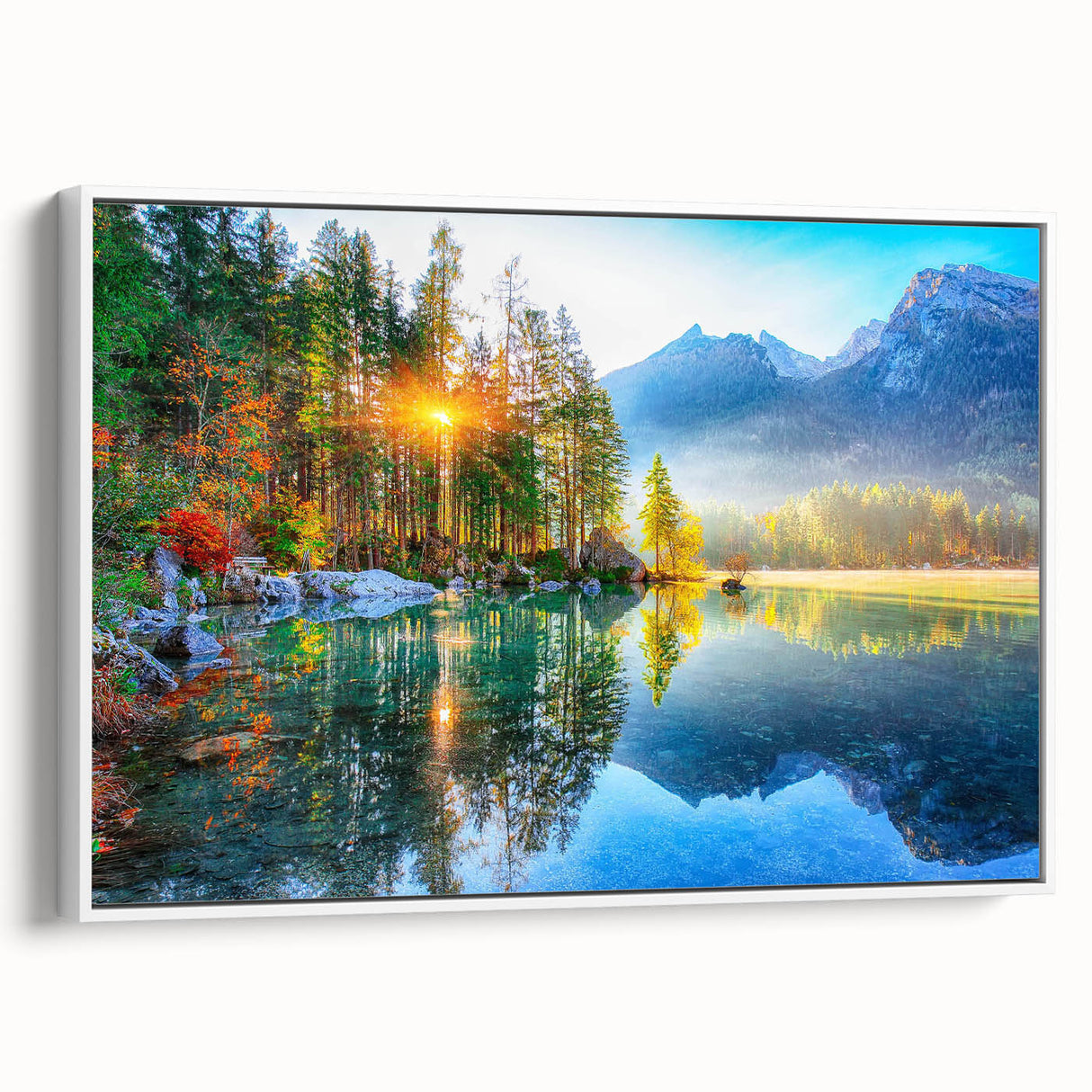 Framed wall art featuring a serene lake landscape design with vibrant colors, displayed in a sleek white frame, perfect for home décor and interior design enthusiasts.
