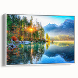 Framed wall art featuring a serene lake landscape design with vibrant colors, displayed in a sleek white frame, perfect for home décor and interior design enthusiasts.