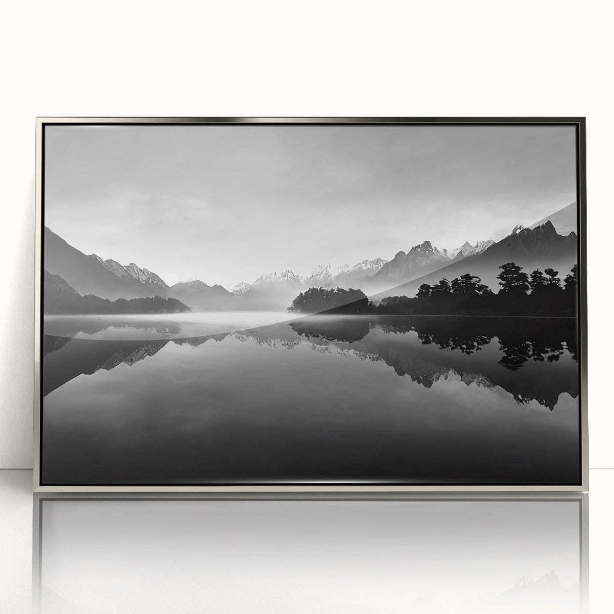 Framed acrylic wall art showcasing a serene lake landscape with vibrant colors, designed to enhance home decor. Silver frame adds elegance to the piece.