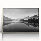 Framed acrylic wall art showcasing a serene lake landscape with vibrant colors, designed to enhance home decor. Silver frame adds elegance to the piece.