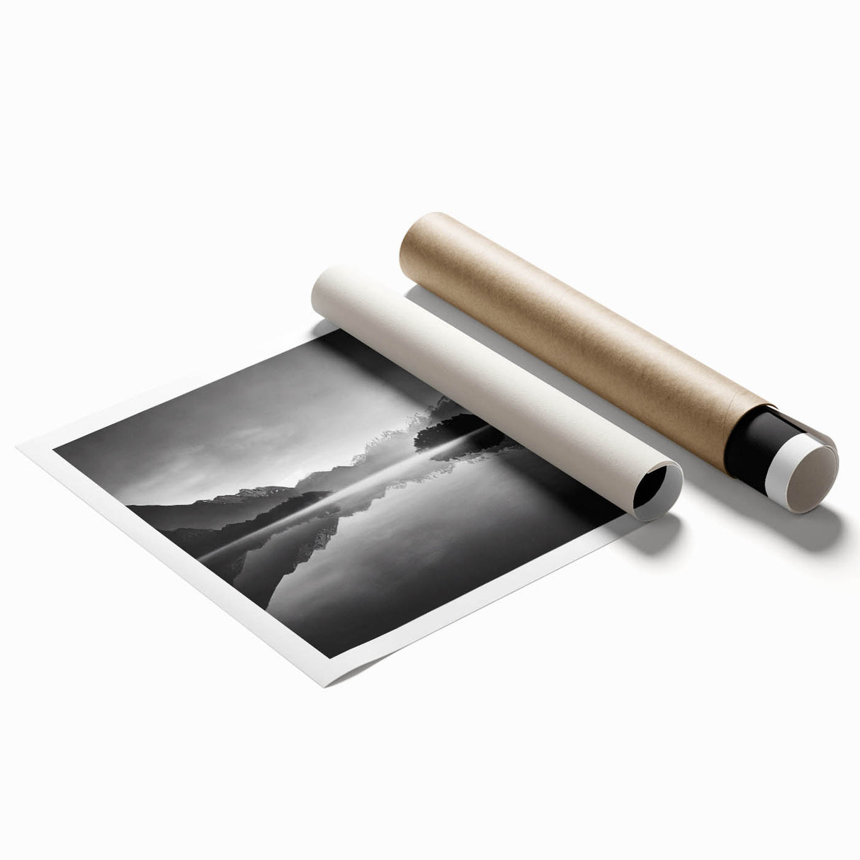 Rolled print of a serene lake landscape featuring vibrant blues and greens, ideal for home decor; packaged securely to maintain quality during shipping.