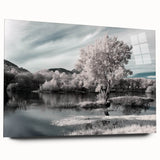 Acrylic glass wall art piece showcasing a serene lakeside landscape design, featuring vibrant colors and intricate details, perfect for enhancing home decor.