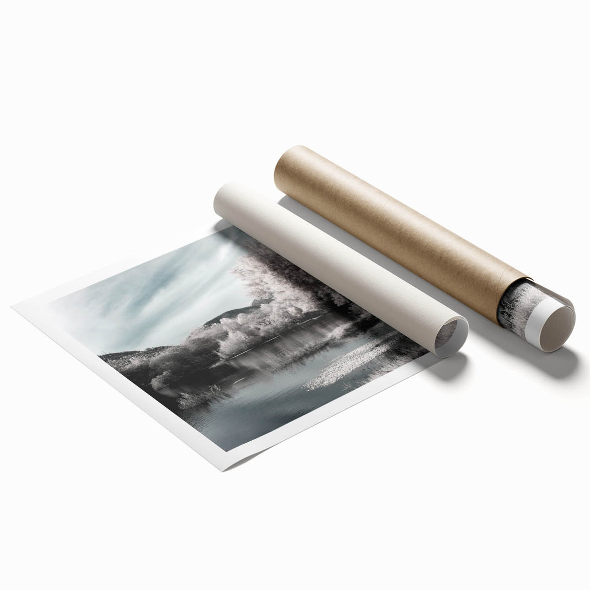 Elegant rolled print of a serene lakeside landscape, showcasing vibrant blues and greens, perfect for home decor. Ideal for nature enthusiasts and art collectors.