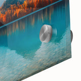 Acrylic glass wall art showcasing a vibrant landscape design of serene lakes and mountains, featuring vivid colors and intricate details, perfect for home decor.
