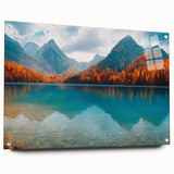 Acrylic glass wall art featuring a serene lake landscape design, showcasing vibrant colors and intricate details, displayed with pins for easy hanging. Perfect for home decor enthusiasts seeking nature-inspired artwork.
