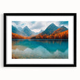 Framed landscape wall art showcasing a serene lake view with lush greenery and a black mat, perfect for enhancing modern home decor aesthetics.