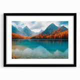Framed landscape wall art showcasing a serene lake view with lush greenery and a black mat, perfect for enhancing modern home decor aesthetics.