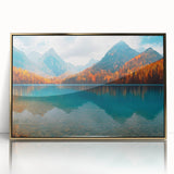 Framed wall art showcasing a serene landscape of a lake, featuring vibrant colors and elegant gold accents, perfect for enhancing home decor aesthetics.