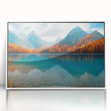 Framed acrylic wall art featuring a serene landscape of a lake, surrounded by lush greenery and a clear blue sky, perfect for enhancing any living space decor.