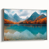 Framed canvas wall art showcasing a serene lake landscape with vibrant colors, silver frame enhancing the artistic details, ideal for modern home decor.