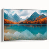 Framed canvas wall art featuring a serene lake landscape design, showcasing rich blues and greens, with a white frame enhancing its elegant side view, perfect for home decor.