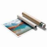 Rolled print showcasing a serene lake landscape with vibrant colors, ideal for home decor. Features rich blues and greens, enhancing any living space.