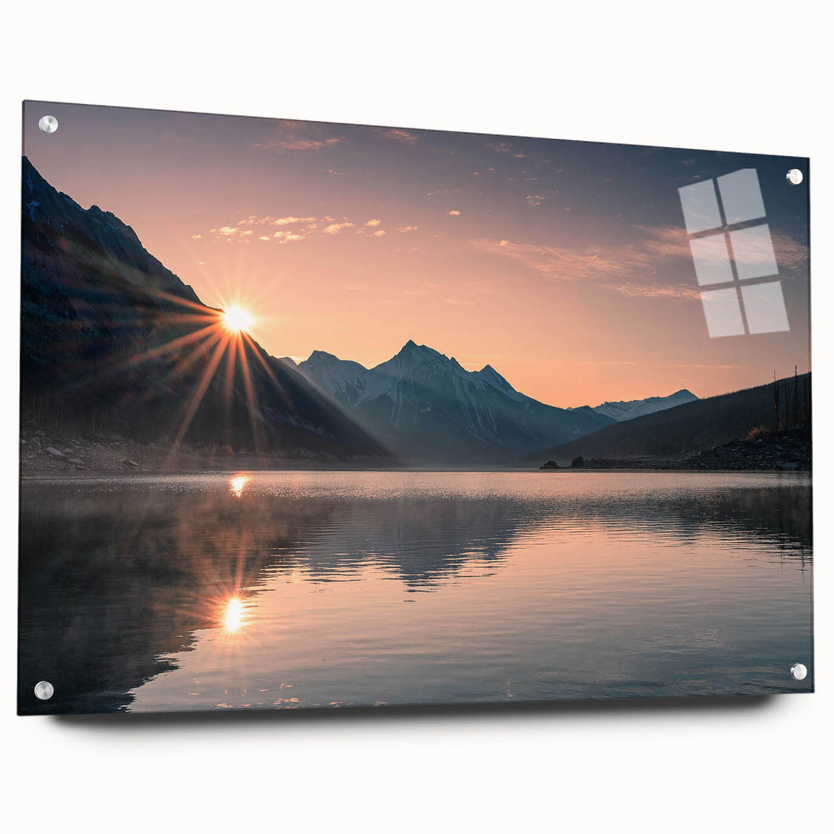 Acrylic wall art collection showcasing serene lake landscapes, displayed in a side view with pins for hanging. Vibrant colors and detailed textures enhance the peaceful ambiance.