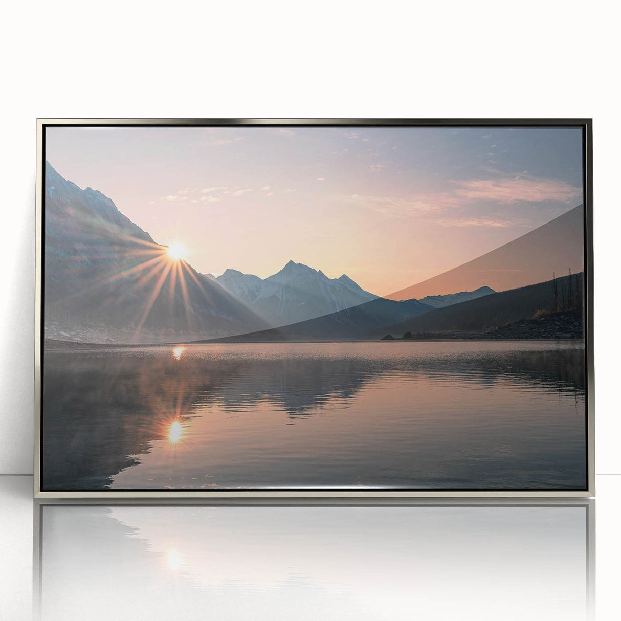 Framed acrylic wall art featuring a serene lake landscape with vibrant colors and silver accents, perfect for modern home decor and interior design enhancement.