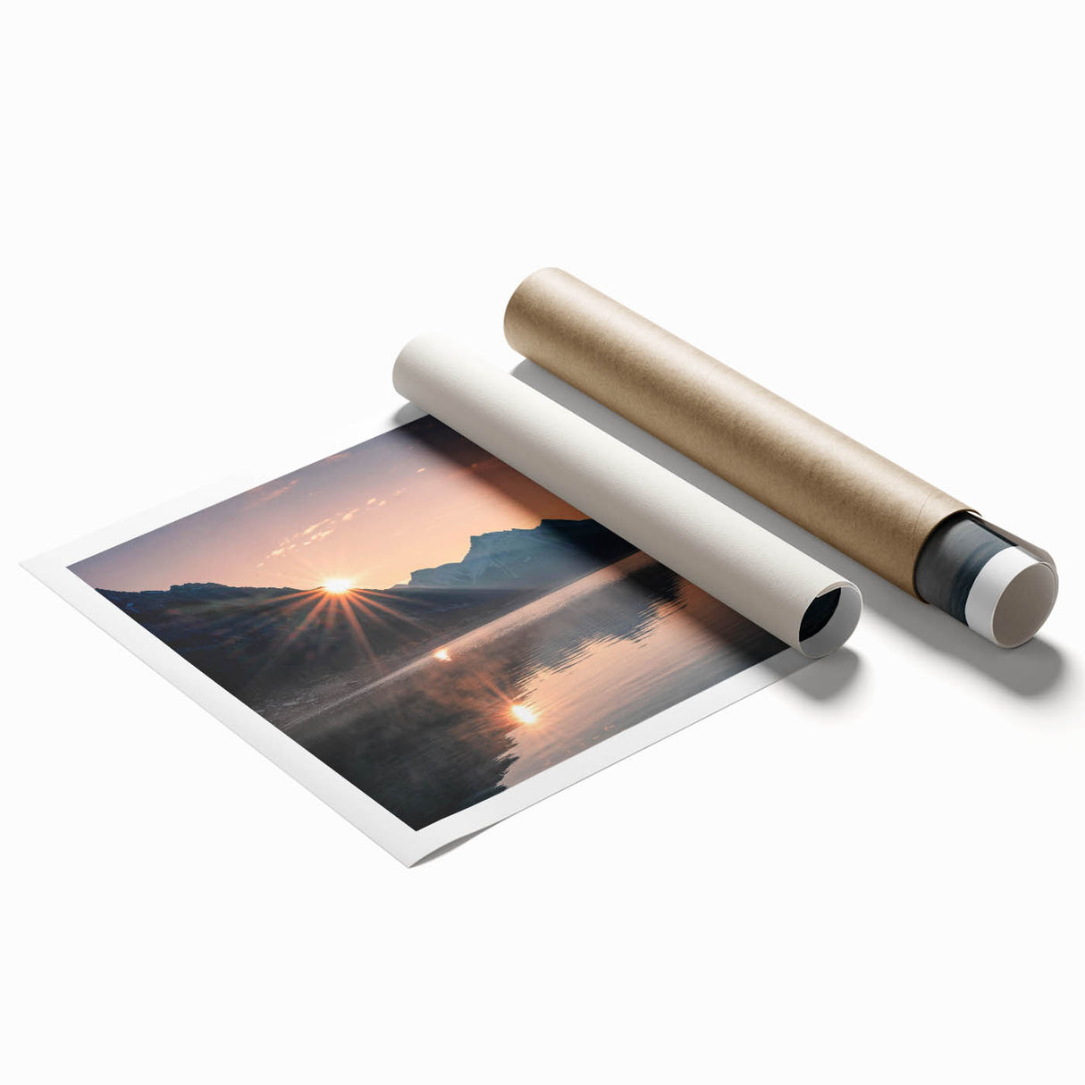 Vibrant rolled print showcasing a serene lake landscape with lush greenery and a clear blue sky, ideal for home decor and interior design enhancement.