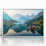 Framed acrylic wall art featuring serene lake landscapes in a minimalist white frame, perfect for modern home decor, enhancing tranquility and elegance.