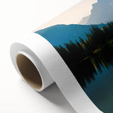 Lakeside landscape wall art on rolled canvas showcasing serene blue water, lush greenery, and vibrant sunset colors, ideal for home decor and tranquility.