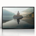 Framed wall art featuring a serene landscape scene with a tranquil lake, surrounded by lush greenery and vibrant colors, designed to enhance home decor.