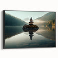 Framed canvas wall art showcasing a serene lake landscape design, featuring rich blues and greens, with a sleek black frame enhancing its modern aesthetic. Ideal for home decor enthusiasts seeking nature-inspired artwork.