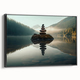 Framed canvas wall art showcasing a serene lake landscape design, featuring rich blues and greens, with a sleek black frame enhancing its modern aesthetic. Ideal for home decor enthusiasts seeking nature-inspired artwork.