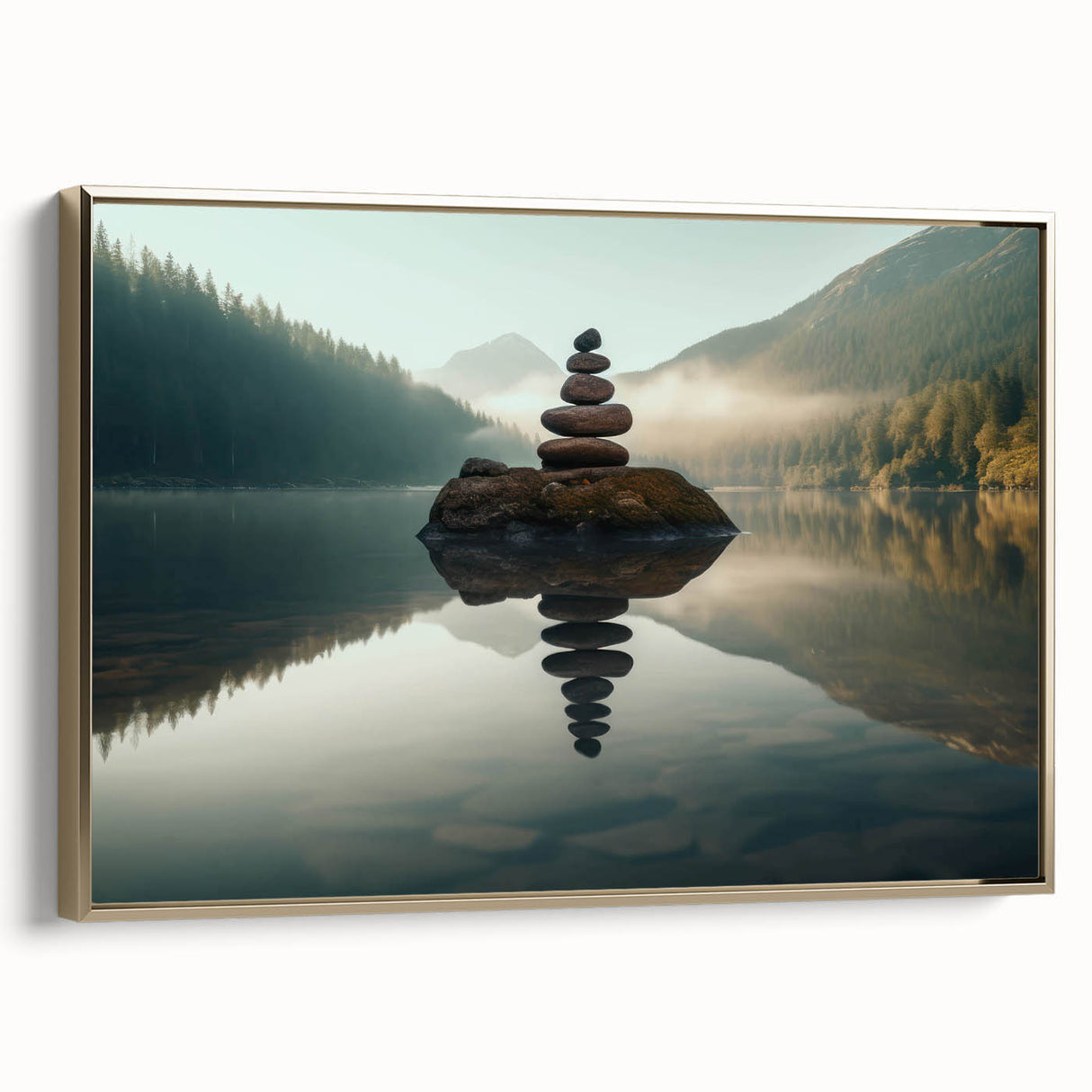 Framed canvas wall art showcasing a serene lakeside landscape with vibrant colors and gold accents, designed to enhance modern decor in living spaces.