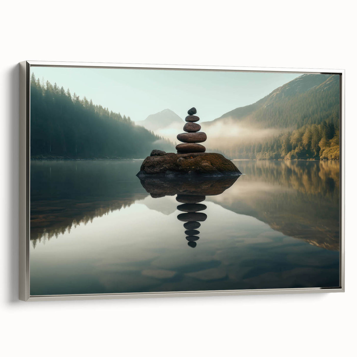 Framed canvas wall art showcasing a serene lake landscape design with vibrant colors and a silver frame, perfect for enhancing home décor.