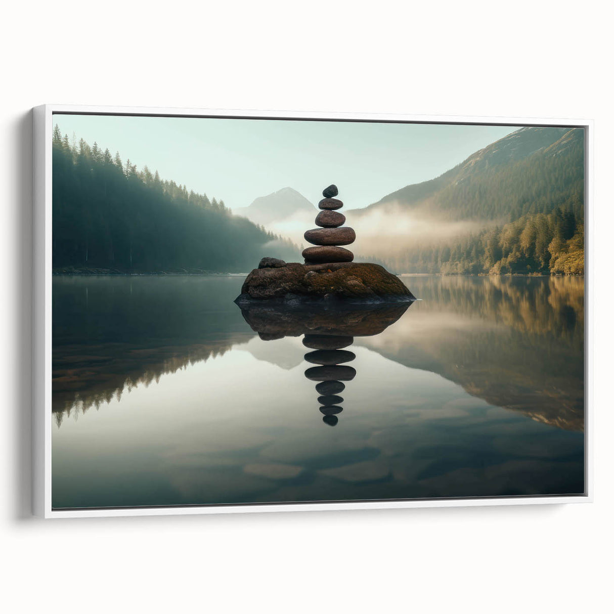 Framed canvas wall art showcasing a serene lake landscape with lush greenery and soft blue skies, designed to enhance home decor in a modern setting.