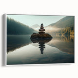 Framed canvas wall art showcasing a serene lake landscape with lush greenery and soft blue skies, designed to enhance home decor in a modern setting.