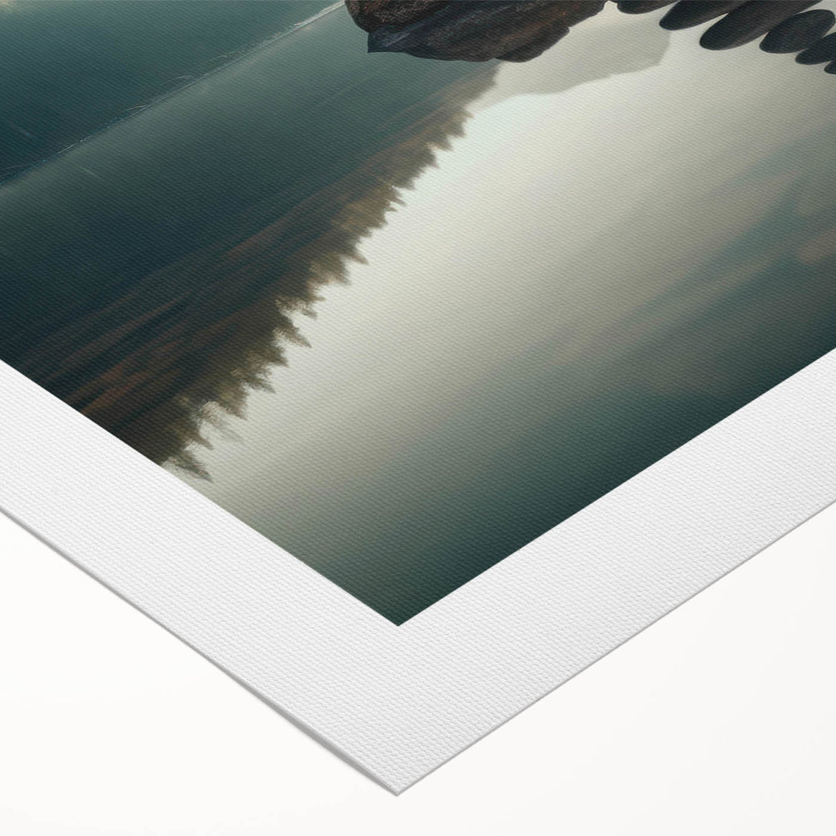 Serene landscape wall art featuring a tranquil lake scene with lush greenery and soft clouds, printed on high-quality rolled canvas for easy display.