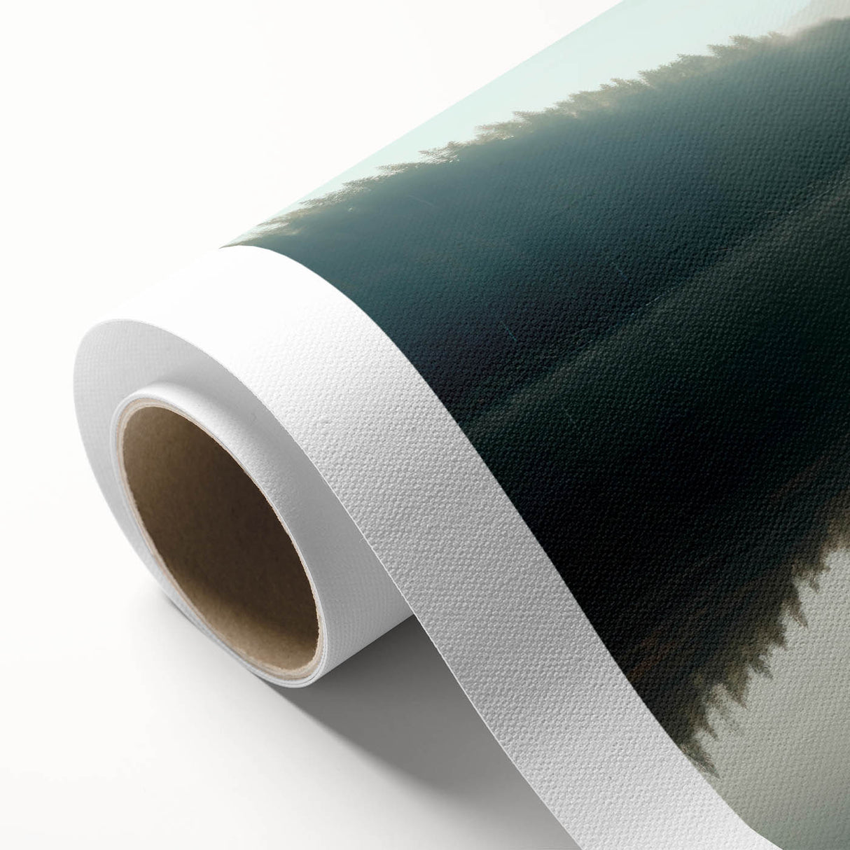 Colorful rolled canvas depicting a serene lake landscape with vibrant reflections and lush greenery, designed for wall art enthusiasts, packaged securely for delivery.