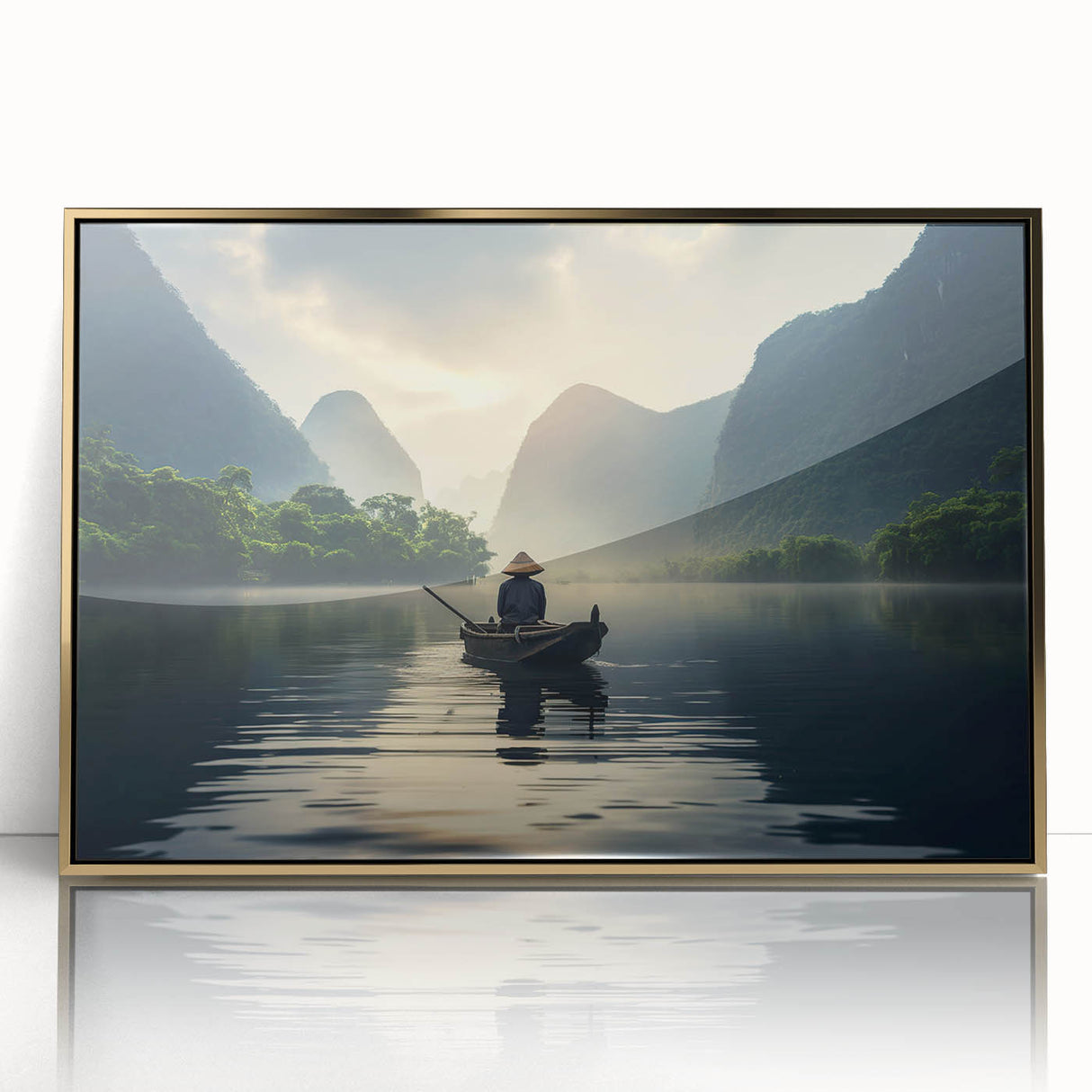 Framed wall art showcasing a serene lake landscape design with vibrant colors and gold accents, adding elegance to any interior decor. Ideal for nature lovers.