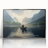 Framed wall art showcasing a serene lake landscape design, highlighted by silver acrylic framing, perfect for enhancing modern home decor aesthetics.