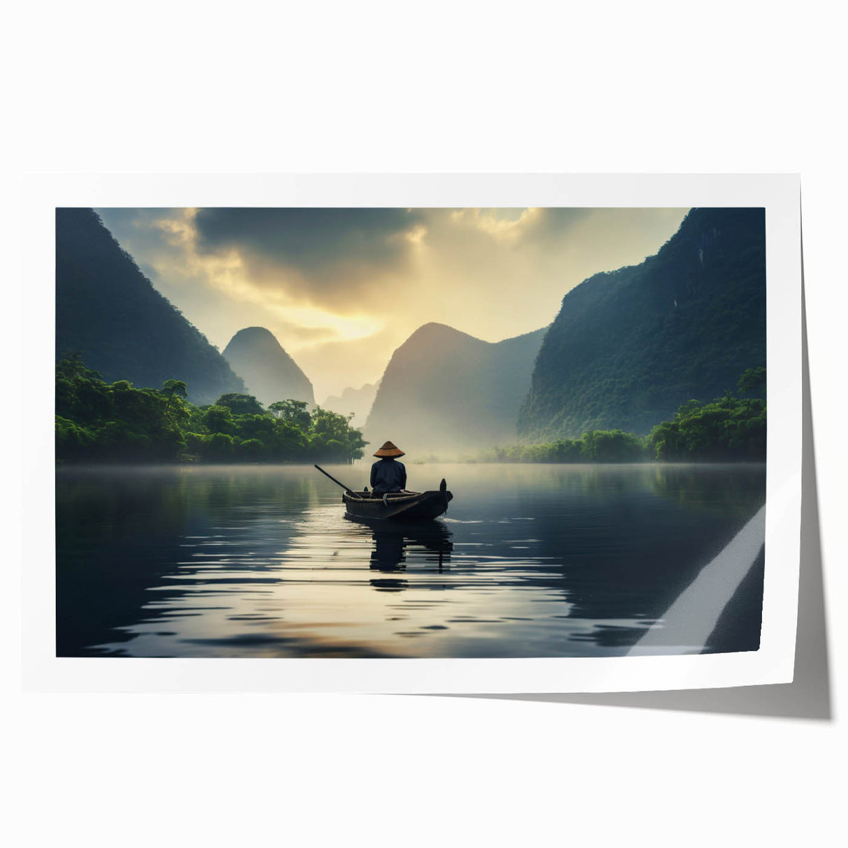 Serene landscape wall art print showcasing a tranquil lake surrounded by lush greenery, designed for home decor. Perfect for adding a calming touch to any space.