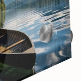 Close-up of a vibrant acrylic glass wall art piece showcasing a serene lakeside landscape, featuring rich blues and greens, perfect for home decor enthusiasts.