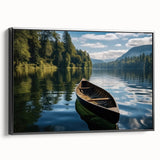 Framed canvas wall art featuring a serene landscape with a tranquil lake, surrounded by lush greenery and mountains, presented in a sleek black frame.