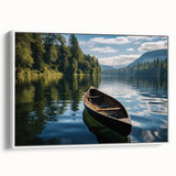 Framed canvas wall art collection showcasing serene lake landscapes in vibrant colors, displayed from the side to highlight the white frame and textured design. Perfect for enhancing home decor with nature-inspired elements.