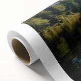 Rolled canvas showcasing a serene landscape with a tranquil lake surrounded by lush greenery and mountains, ideal for enhancing home decor and creating a calming atmosphere.