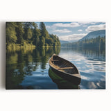 Stretched canvas wall art showcasing a serene lake landscape with vibrant blues and greens, designed to enhance home decor and create a calming atmosphere.