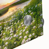 Close-up view of a vibrant acrylic wall art piece showcasing a serene landscape with a lake, surrounded by lush greenery, perfect for home decor and interior design.