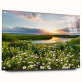 Acrylic glass wall art collection showcasing a serene landscape lake design, featuring vibrant colors and intricate details. Perfect for modern home décor, displayed in a stylish side view with pins for easy mounting.