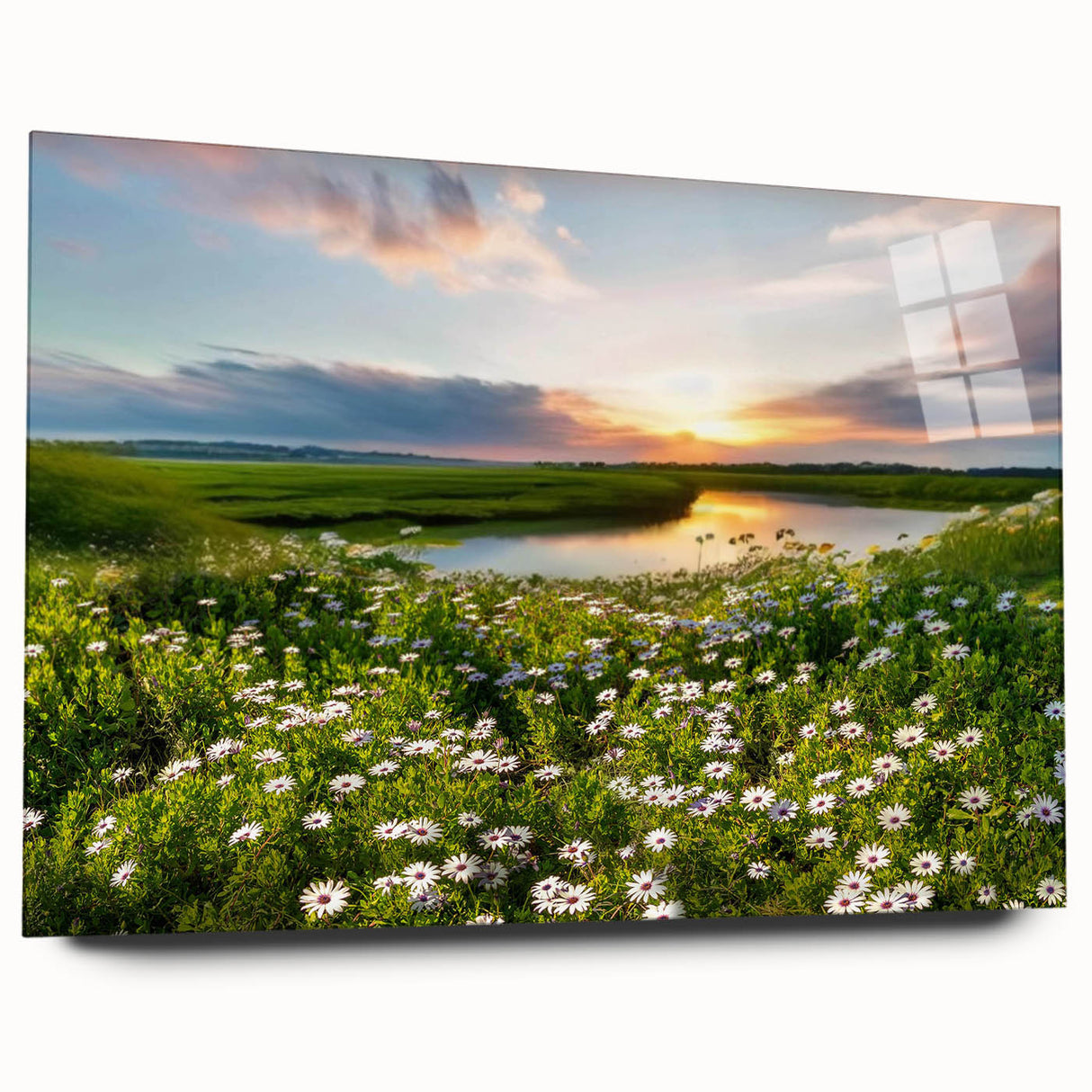 Acrylic glass wall art showcasing a serene lake landscape, featuring vibrant colors and intricate details, ideal for enhancing modern home decor.
