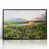 Framed acrylic wall art showcasing a serene lake landscape with vibrant colors, perfect for enhancing home decor. Elegant black frame adds sophistication.