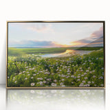 Framed acrylic wall art showcasing a serene lakeside landscape with vibrant colors, featuring a gold frame that enhances the visual appeal, ideal for home decor.