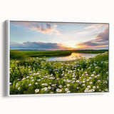 Framed canvas artwork showcasing a serene lake landscape with vibrant colors, displayed against a sleek white background, perfect for home decor enhancement.